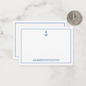 Eenvoudig blauw en wit nautisch anker gepersonalis notitiekaartje (Voorkant / Achterkant in situ)