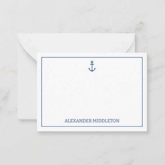Eenvoudig blauw en wit nautisch anker gepersonalis notitiekaartje (Voorkant)