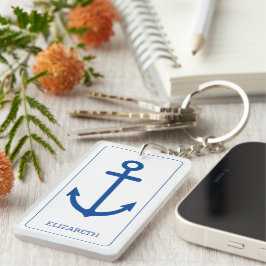 Eenvoudig blauw en wit nautisch anker gepersonalis sleutelhanger