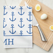 Eenvoudig blauw en wit nautisch anker gepersonalis theedoek (Quarter Fold)