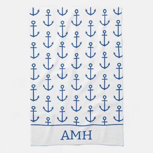 Eenvoudig blauw en wit nautisch anker gepersonalis theedoek (Verticaal)