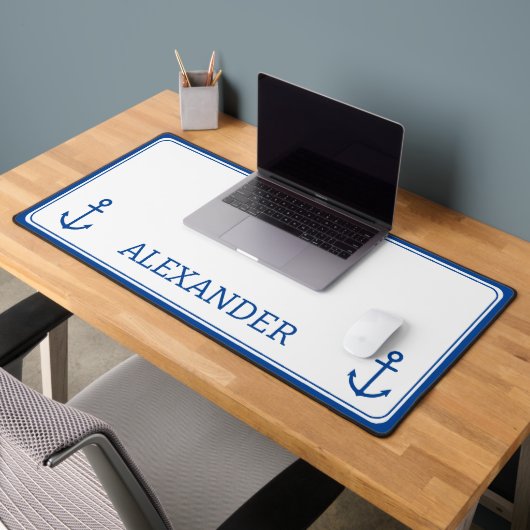 Eenvoudig blauw en wit nautisch anker monogram bureaumat (Kantoor 2)
