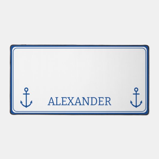 Eenvoudig blauw en wit nautisch anker monogram bureaumat (Voorkant)