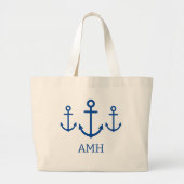 Eenvoudig blauw en wit nautisch anker monogram grote tote bag (Voorkant)