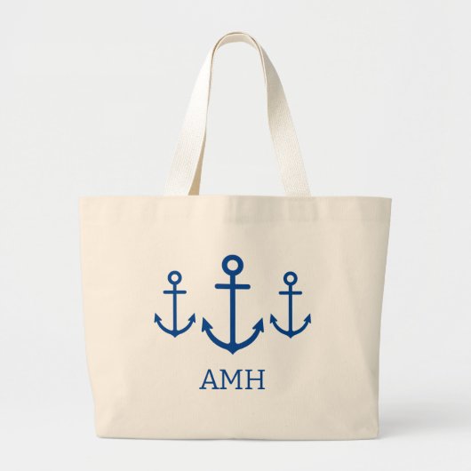Eenvoudig blauw en wit nautisch anker monogram grote tote bag (Voorkant)