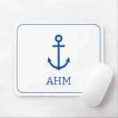 Eenvoudig blauw en wit nautisch anker monogram muismat (Met muis)