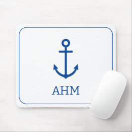Eenvoudig blauw en wit nautisch anker monogram muismat
