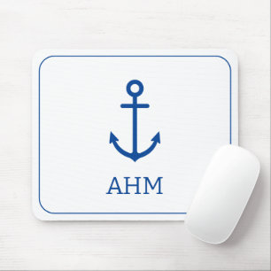 Eenvoudig blauw en wit nautisch anker monogram muismat