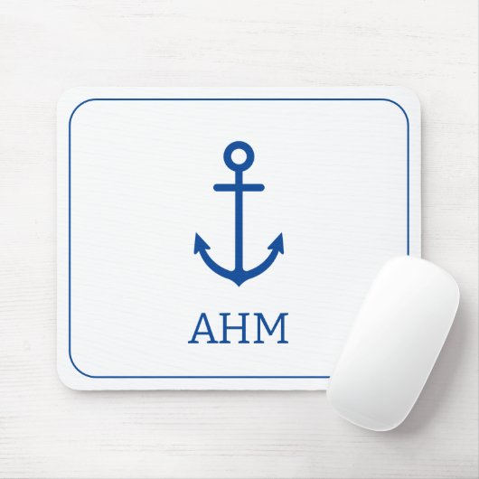 Eenvoudig blauw en wit nautisch anker monogram muismat (Met muis)