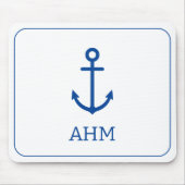 Eenvoudig blauw en wit nautisch anker monogram muismat (Voorkant)