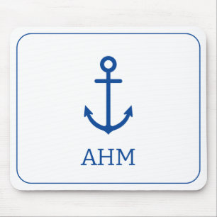 Eenvoudig blauw en wit nautisch anker monogram muismat