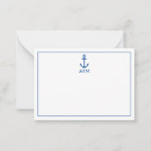 Eenvoudig blauw en wit nautisch anker monogram notitiekaartje (Voorkant)