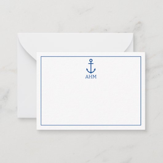 Eenvoudig blauw en wit nautisch anker monogram notitiekaartje (Voorkant)