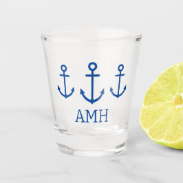 Eenvoudig blauw en wit nautisch anker monogram shot glas
