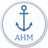 Eenvoudig blauw en wit nautisch anker monogram sticker (Voorkant)