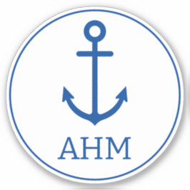 Eenvoudig blauw en wit nautisch anker monogram sticker