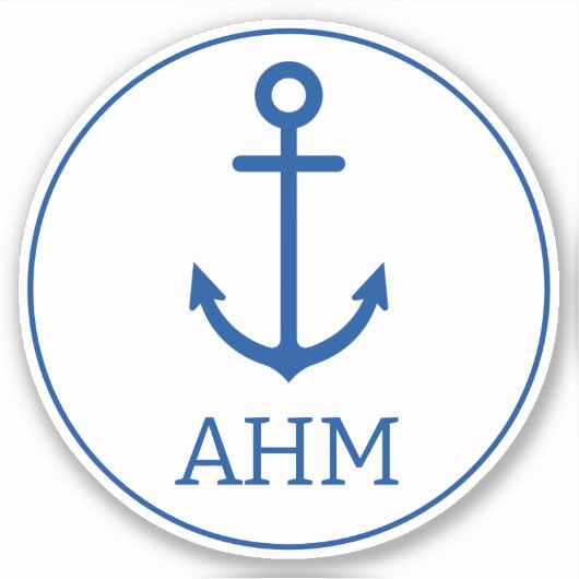 Eenvoudig blauw en wit nautisch anker monogram sticker (Voorkant)