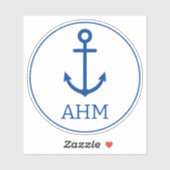 Eenvoudig blauw en wit nautisch anker monogram sticker (Vel)