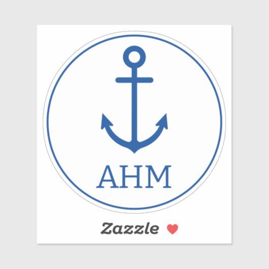 Eenvoudig blauw en wit nautisch anker monogram sticker (Vel)
