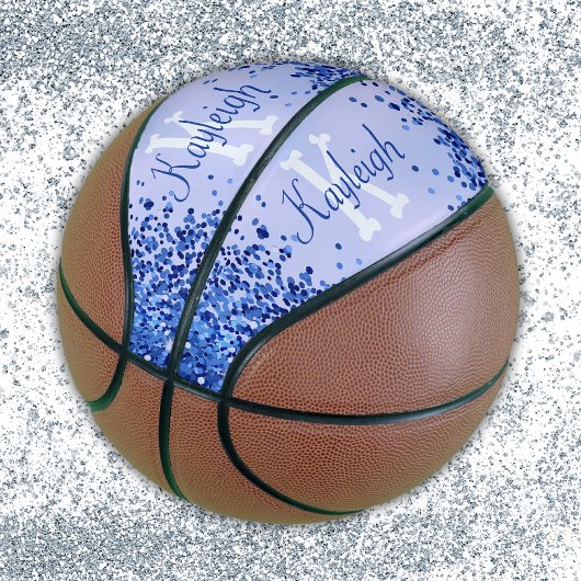 Eenvoudig blauw geborsteld metaal en glitter monog basketbal