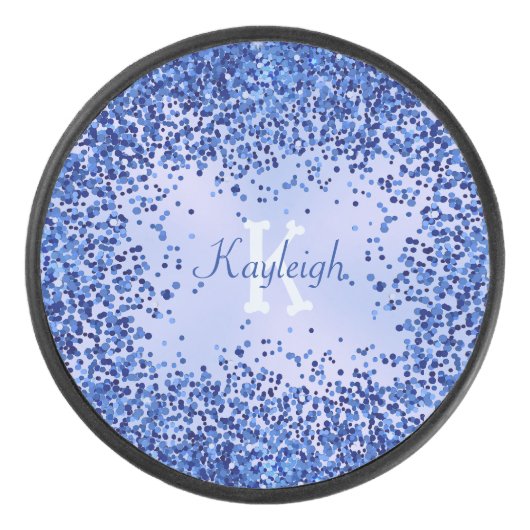 Eenvoudig blauw geborsteld metaal en glitter monog hockey puck (Voorkant)