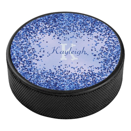 Eenvoudig blauw geborsteld metaal en glitter monog hockey puck (3/4)