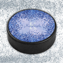 Eenvoudig blauw geborsteld metaal en glitter monog hockey puck