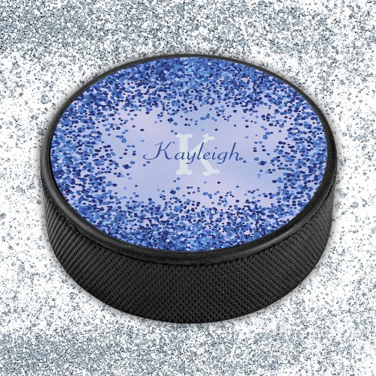 Eenvoudig blauw geborsteld metaal en glitter monog hockey puck