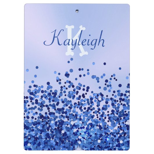 Eenvoudig blauw geborsteld metaal en glitter monog klembord (Achterkant)