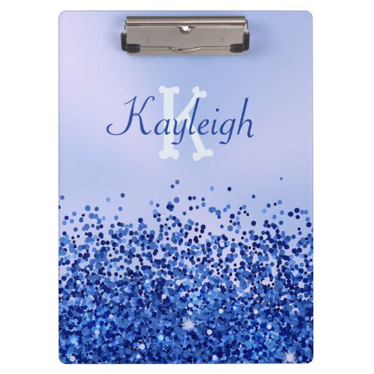 Eenvoudig blauw geborsteld metaal en glitter monog klembord (Voorkant)