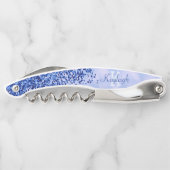 Eenvoudig blauw geborsteld metaal en glitter monog kurkentrekker (Achterkant)
