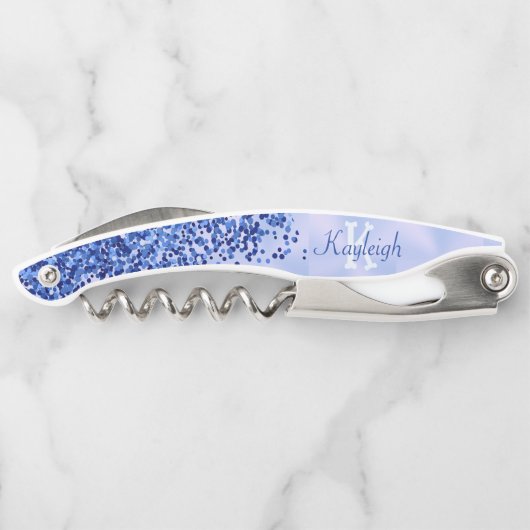 Eenvoudig blauw geborsteld metaal en glitter monog kurkentrekker (Achterkant)