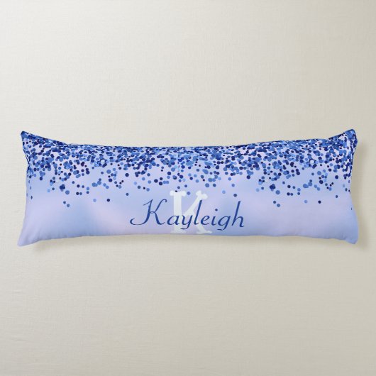 Eenvoudig blauw geborsteld metaal en glitter monog lichaamskussen (Voorkant)