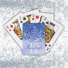 Eenvoudig blauw geborsteld metaal en glitter monog pokerkaarten