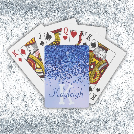 Eenvoudig blauw geborsteld metaal en glitter monog pokerkaarten