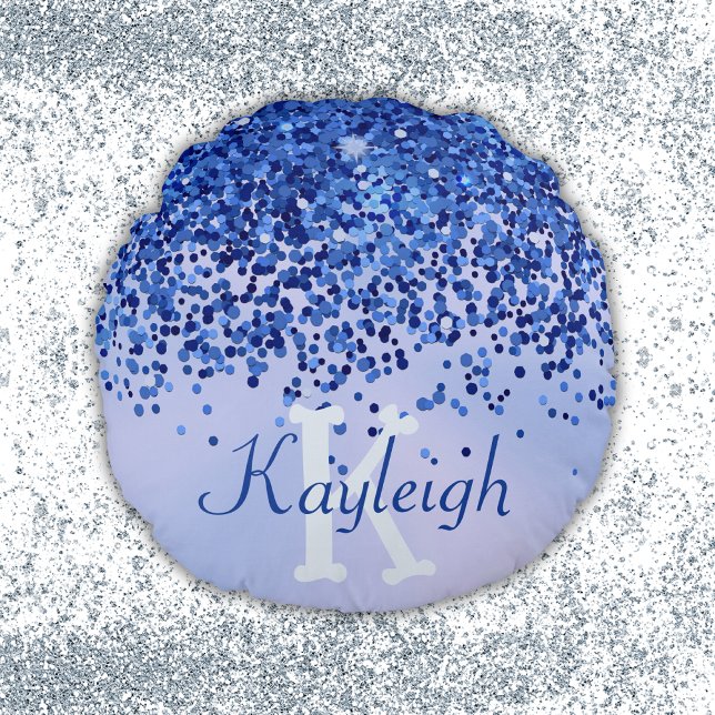 Eenvoudig blauw geborsteld metaal en glitter monog rond kussen (Creator heeft geüpload)