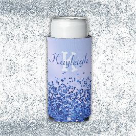 Eenvoudig blauw geborsteld metaal en glitter monog seltzer blikjeskoeler