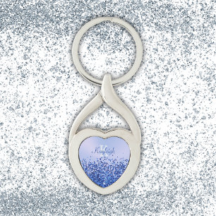 Eenvoudig blauw geborsteld metaal en glitter monog sleutelhanger