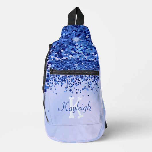 Eenvoudig blauw geborsteld metaal en glitter monog sling bag (Voorkant)