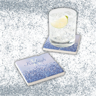 Eenvoudig blauw geborsteld metaal en glitter monog stenen onderzetter