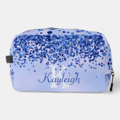 Eenvoudig blauw geborsteld metaal en glitter monog toilettasje (Voorkant)