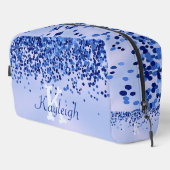 Eenvoudig blauw geborsteld metaal en glitter monog toilettasje (Rechterhoek)