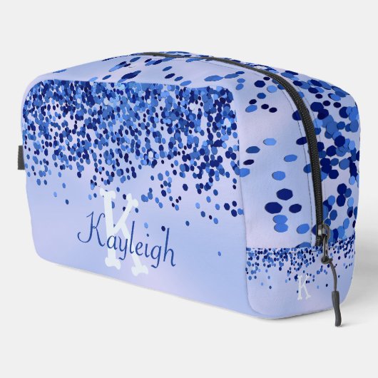 Eenvoudig blauw geborsteld metaal en glitter monog toilettasje (Rechterhoek)