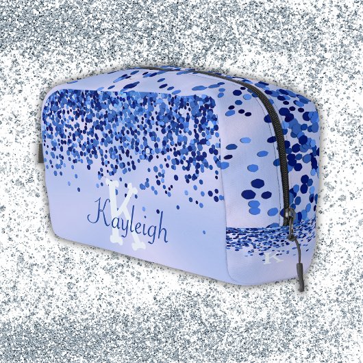Eenvoudig blauw geborsteld metaal en glitter monog toilettasje