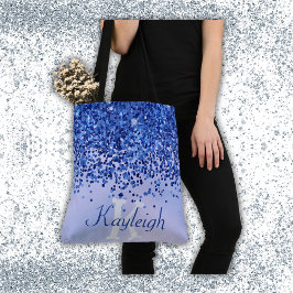 Eenvoudig blauw geborsteld metaal en glitter monog tote bag