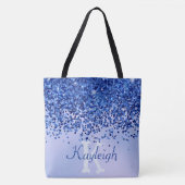 Eenvoudig blauw geborsteld metaal en glitter monog tote bag (Voorkant)