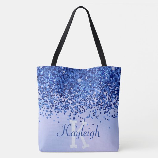 Eenvoudig blauw geborsteld metaal en glitter monog tote bag (Achterkant)