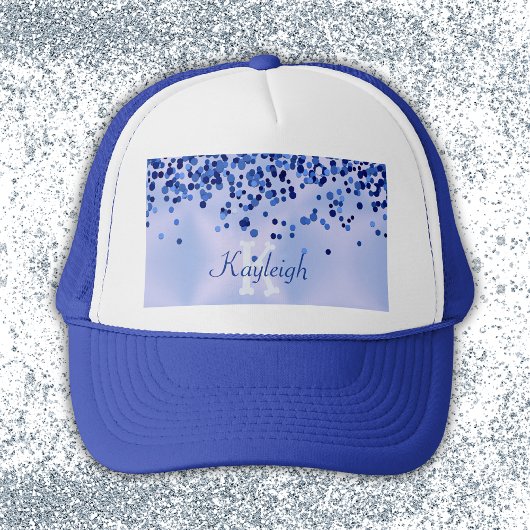 Eenvoudig blauw geborsteld metaal en glitter monog trucker pet
