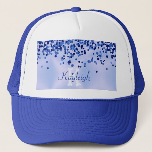 Eenvoudig blauw geborsteld metaal en glitter monog trucker pet (Voorkant)