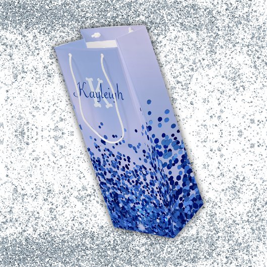 Eenvoudig blauw geborsteld metaal en glitter monog wijn cadeautas